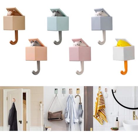 6er-Packung niedliche, selbstklebende Wandhaken mit Katzenmotiv für Handtücher und Mäntel (1/5)