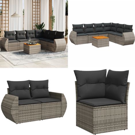 7-tlg. Garten-Sofagarnitur mit Kissen Grau Poly Rattan - Gartensorte - Gartenmöbelset - Lounge Möbel - Outdoor Möbel - Rattan Gartenmöbel - Home & Living (1/5)