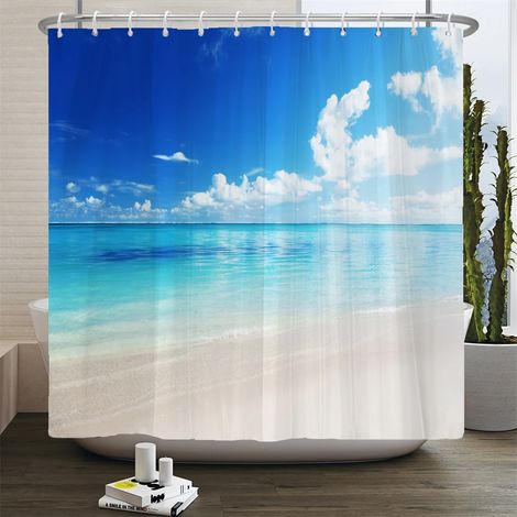 Rideau de douche 3D motif plage, rideau de salle de bain mer Méditerranée, tissu imperméable, dimensions : 180 cm x 240 cm.