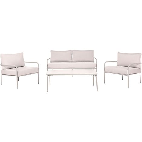 Garden Set Light Beige Steel Fabric 4 Seater Cushions with Removable Covers Armchairs Sofa Tempered Glass Table Modern NESSO (1/5)