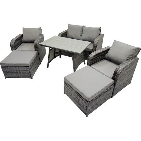 Fimous 6 Seater Garden Outdoor Rattan Furniture Set Rattan Sofa Oblong Dining Table with 2 Big Stools Dark Grey (1/5)
