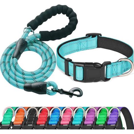 Collare riflettente per cani, fodera in morbido neoprene, traspirante, nylon regolabile, blu, collare + guinzaglio, taglia S (1/5)