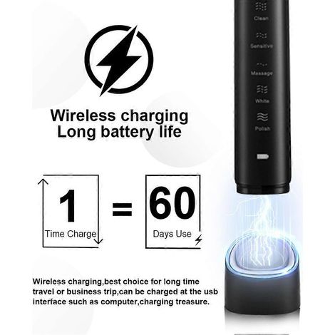 Brosse à dents électrique intelligente à ultrasons pour un blanchiment dentaire optimal, rechargeable, pour adultes, avec 8 têtes de brosse blanches. (1/5)