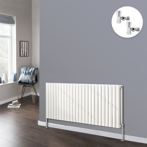 White Oval Radiator Designer Panel Radiators Bathroom Central Heating with Angled Manual Pair of Valves 600x1416mm Horizontal Double (1/3)