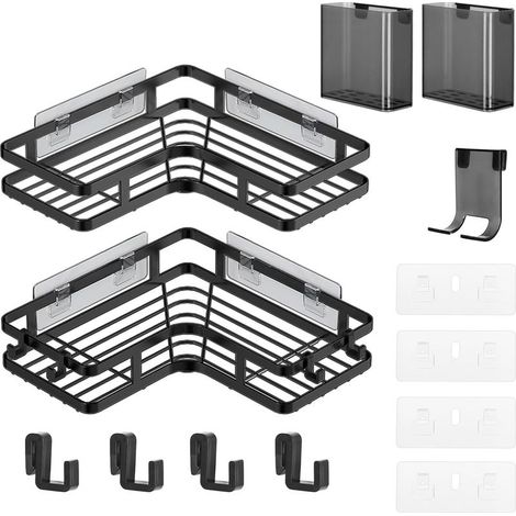 2 étagères de douche sans perçage, étagère d'angle noire pour salle de bain avec seau à dentifrice et porte-rasoir, étagère de rangement épaisse antirouille pour salle de bain, cuisine et balcon (1/5)