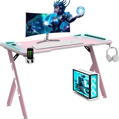 Bureau Gaming LED Ergonomique (120X60cm) - Porte-gobelets et Bouteilles, Support pour Casque, Gestion des Câbles, Bureau de Jeu, Plateau 1.5cm Poids Maximum Supporté 100kg - Rose (1/5)