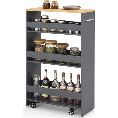 COSYWAY Carrello Portaoggetti a 4 Ripiani, Maniglia Laterale e Ruote, 25 cm,Naturale+grigio