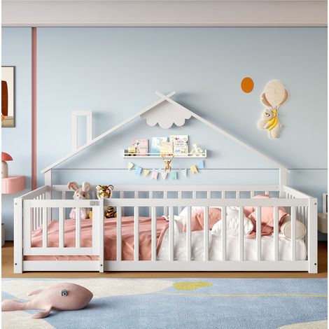 Letto per bambini 90/190 cm bianco in pino e MDF, design casetta con sponda chiudibile (1/5)