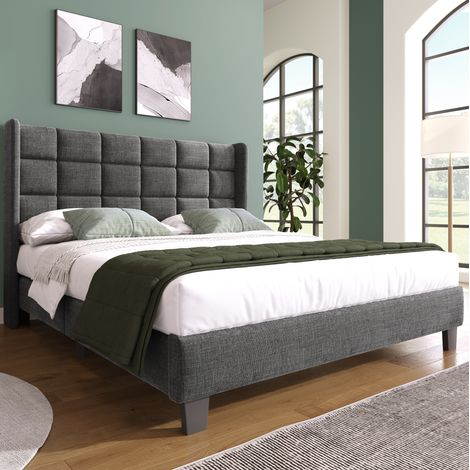 Letto matrimoniale imbottito con rete 140x200 lino grigio OKMYHOME (1/5)