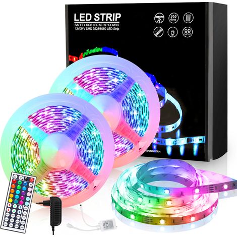 Jiubiaz 10m ruban LED interieur, guirlande lumineuse auto-adhésive, dimmable, 300 LEDs(2x5m), changements de couleurs, livré avec télécommande à 44 touches