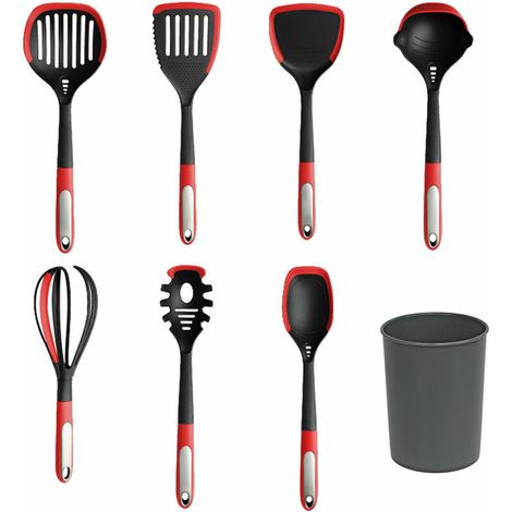 royaluxe - Ensemble d'ustensiles de cuisine en silicone Ensemble d'ustensiles de cuisine avec seau de rangement pour couverts Ensemble d'ustensiles en silicone, rouge (1/5)