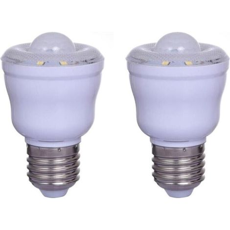 Paquete de 2 bombillas con sensor de movimiento PIR con base E27, 2W, luz blanca cálida 3000K, luz nocturna con encendido/apagado automático, CA 220-240V, no regulables.