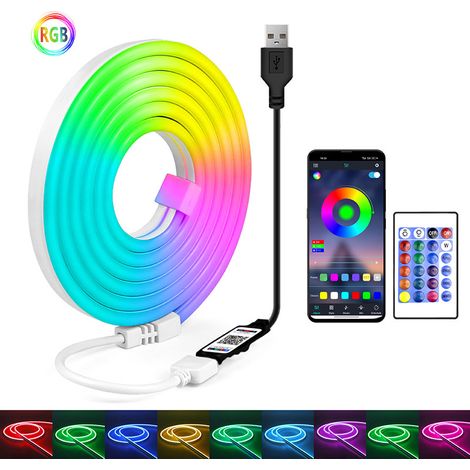 Bande lumineuse LED, USB Bluetooth, néon RGB en silicone flexible avec télécommande infrarouge à 24 touches (5 m) (1/5)