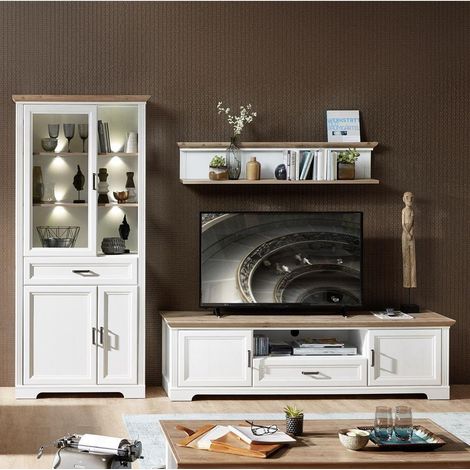 Wohnzimmer Wohnwand JÜLICH-36 in Pinie weiß und Artisan Eiche Nb., TV-Lowboard mit Kabeldurchlass - B/H/T: 301/204/51cm (1/5)