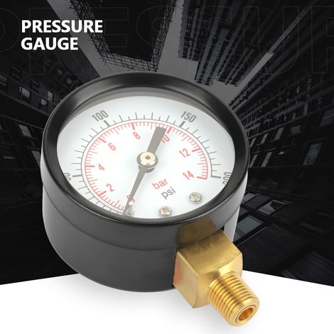 Manomètre à cadran 0-200 psi / 0-14 bar pour eau, air et huile, embase NPT 1/8". (1/5)