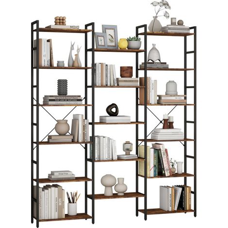 Industrial Bookcase, Wooden Bookshelf with Open Shelves, Metal Frame Floor Standing Storage Rack, Display Shelving Unit for Living Room