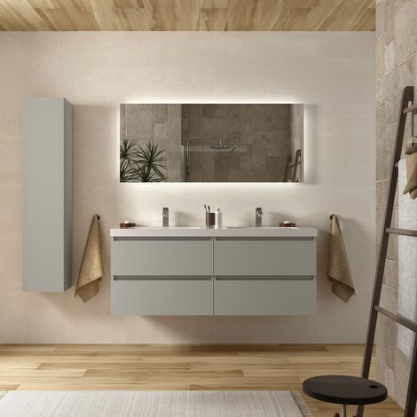 Mueble de Baño BEQUIA 140cm Gris mate 4 cajones Lavabo Toscana 2 pozas Carga Mineral (1/4)