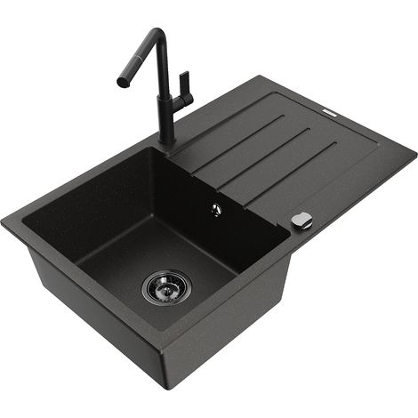 Mexen Bruno fregadero de granito de 1 seno con escurridor y grifo de cocina Flora, negro/oro met谩lico - 6513-75-670401-70-B (1/5)