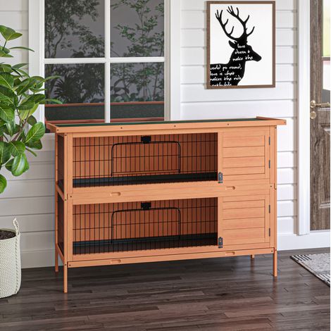 Clapier double étage pour petits animaux en bois de sapin, orange, 136,4 x 50 x 93 cm HAVRYA (1/4)