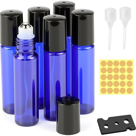 Lot de 6 bouteilles vides de 10 ml - Pour huiles essentielles - Rechargeable - Anti-UV - Avec bille en acier inoxydable - Pour cosmétiques, aromathérapie, parfum, massage - Bleu