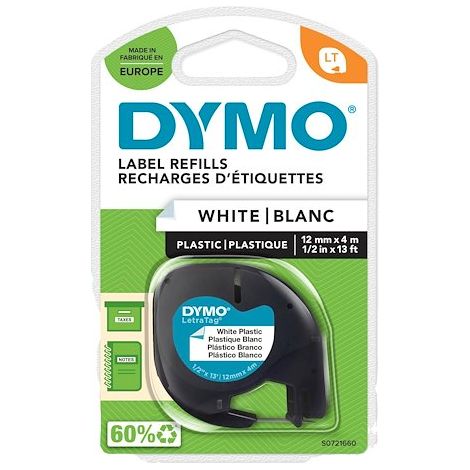 Ruban étiqueteuse plastique Dymo Letratag S0721610 fond blanc écriture noire 12 mm