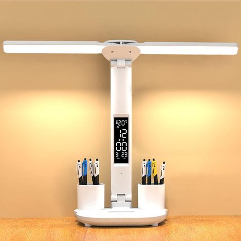 Lampe de bureau LED rechargeable par USB avec heure, calendrier, température et porte-stylet, 7 W, 3 couleurs, écran tactile, blanc (1/5)