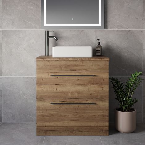 Napoli 390 Tobacco Oak 800mm 2 Drawer Vanity Unit for Countertop Basins - 800mm - Gunmetal Grey 480mm Handle