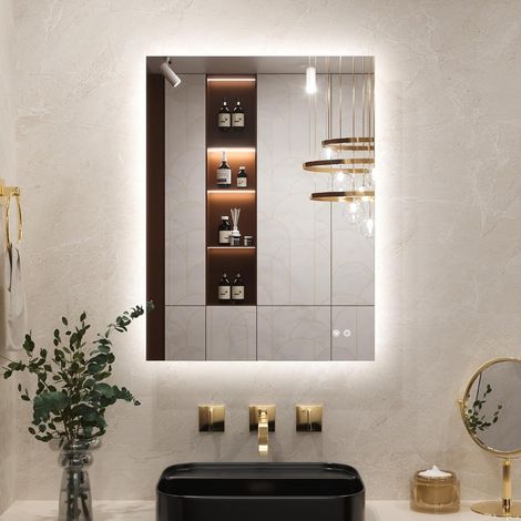 Miroir Salle de Bain LED 60x80cm, Miroir Carré Rétroéclairé Antibuée, 3 Couleurs Lumière, Gradable, Mémoire, Verre Trempé IP44 Étanche, Horizontal/Vertical (1/5)