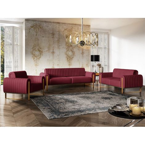 Sofaset Designersofas VALERIE 3-2-1 in Stoff Elisa Velvet Bordeauxrot (1/5)