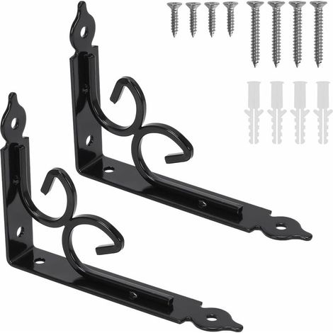 2PCS Wall Shelf Brackets, Heavy Duty Black Vintage Metal Brackets, 150 x 115 x 3mm, Wrought Iron Fixing Brackets with Screws and Anchors for Wall-Mounted Shelves, Bedroom Furniture, Decorative