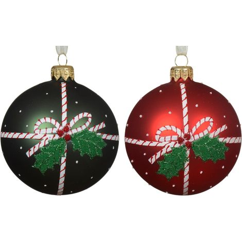 Palline per albero di Natale in vetro Rosso e verde con fiocco da 8 cm, confezione da 6 pezzi