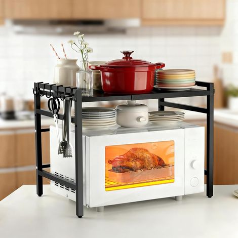 Support Micro-Ondes Réglable - sans Perçage Étagère Cuisine Acier 50kg, 40-63cm Ajustable avec Crochets - pour Four, Cafetière & Espace Réduit (1/5)