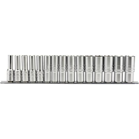 Draper 1/2" Square Drive Metric Deep Socket Set (15 Pieces) on a Metal Socket Rail, Model 16499 (1/5)