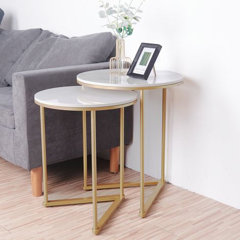 Set of 2 Side Tables Coffee Tables Nesting Tables Gold Frame Marble End Table
