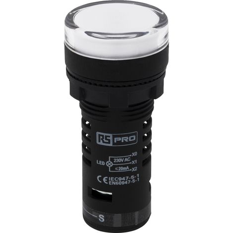 Voyant lumineux complet avec circuit de test LED RS PRO Blanc 230 V c.a., Ø découpe 22mm, IP65 ( Prix pour 1 ) (1/4)