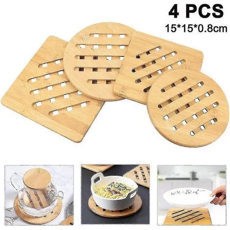 Lot de 4 dessous de verre en bambou naturel lavable et résistant à la chaleur, avec égouttoir (1/5)