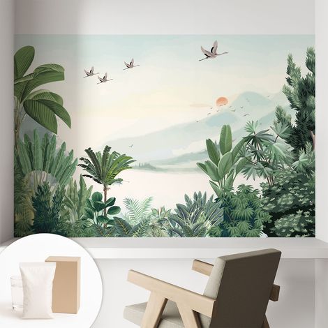 Papier peint intissé avec imprimé pour décoration intérieure pour rénovation a motif - Colle incluse gratuite Oasis tropicale 104x70 cm (1/5)