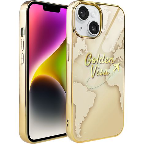 Funda ibizu Elite Glass 3D para iPhone 14, parte trasera de cristal, mapa del mundo dorado con inscripción Golden Visa, dorado (1/5)