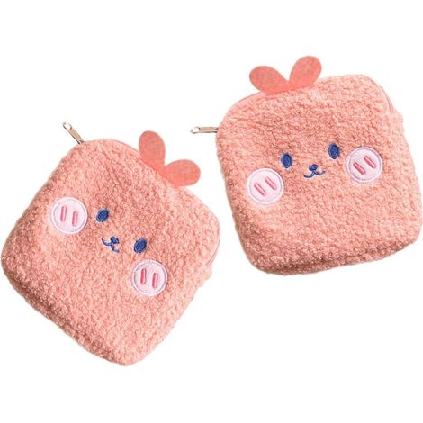 Pochette de Voyage 2 Pièces en Peluche Rose pour Serviettes Hygiéniques Format Portable, Rangement Multi-usage, Finition Soignée, pour École et Extérieur (1/5)