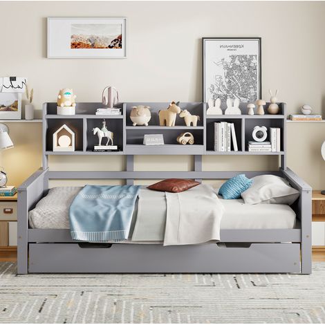 Cama nido multifuncional moderna 90x200 cm de madera gris, con cama extraíble 90x190, estantes y somier de láminas (1/5)