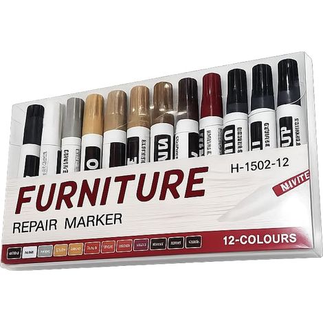 Ensemble de 12 marqueurs de réparation de meubles de couleurs différentes Stylos de retouche pour le bois : rayures, éclats et fissures (1/2)