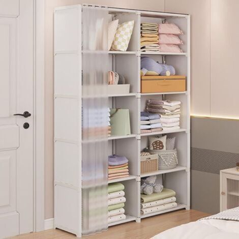 – Armoire porte-manteaux avec étagères – Tube d'acier 0,5 pouce – Rideau en plastique PP résistant à la poussière – Pour chambres et vestiaires (1/4)