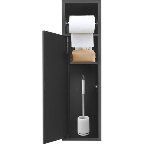 Porte-rouleau de papier toilette encastré en acier inoxydable pour ensemble brosse de toilettes, meuble de salle de bains avec porte-rouleau, avec portes, 63 x 15 x 15 cm, noir (1/5)