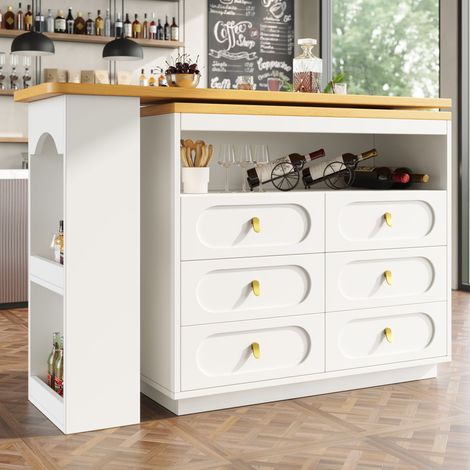 Bartisch Ausziehbar mit 6 Schubladen und Seitenregal, 360° Drehfunktion, für Küche und Wohnzimmer 137×39×90 cm