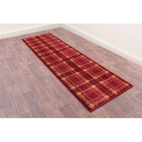 Tartan Highland Check Pattern Hallway Red Rug 80 x 300 cm (2'6''x10') Long Runner