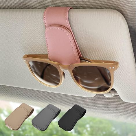 Porte-lunettes magnétique en cuir, support pour pare-soleil de voiture, compatible avec différentes tailles de lunettes, rose, lot de 2 (1/5)