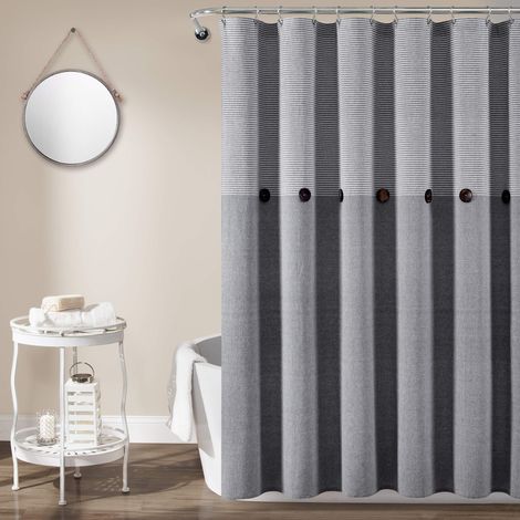 Rideau de Douche en Coton tissé et Lin Gris à Rayures Boutons de Ferme, Teint en Fil (183 x 183 cm) (1/5)