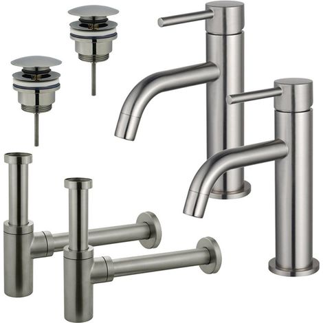 FugaFlow Eccelente Sobrado Slim Kit robinet lavabo - pour double vasque - robinet bas - bonde clic clac - siphon design - Inox brossé PVD (1/4)