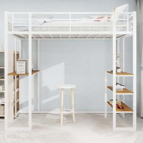 Cama alta de 90 x 200 cm - cama infantil con somier y mesa, escaleras a ambos lados - Hierro - Blanco (1/5)