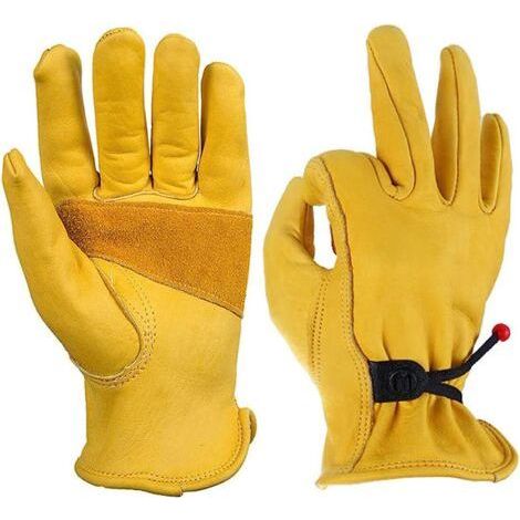 Gants de jardinage sécurité avec revêtement travail Jardin Grip travail enduits nitrile en cuir pour hommes de avec boucle et ruban adhésif de poignet, 1 paire en fibre de peau de vache-Jaune,M (1/5)